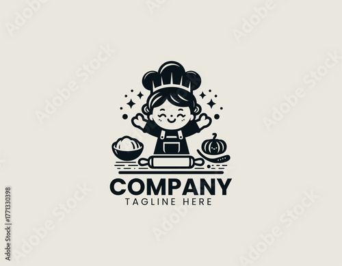 Cute cartoon girl chef kneading dough on table with flour bowl and rolling pin black vector logo design illustration
