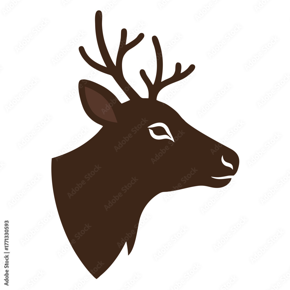 A simple, stylized dark brown deer head profile with elegant antlers.
