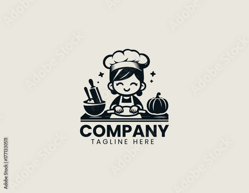 Cute cartoon girl chef kneading dough on table with flour bowl and rolling pin black vector logo design illustration