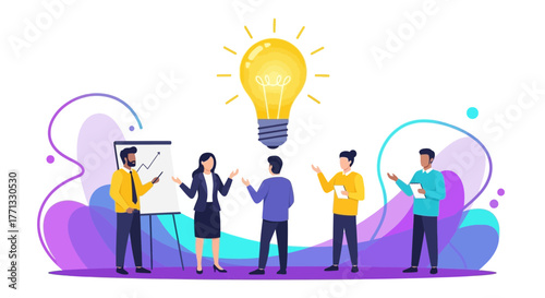 Innovative Team Brainstorming Session with a Radiant Lightbulb Conceptual Illustration