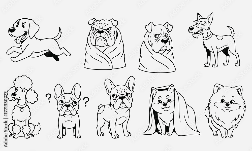 Obraz premium A whimsical collection of hand-drawn monochrome dog illustrations featuring various breeds in funny and cute poses
