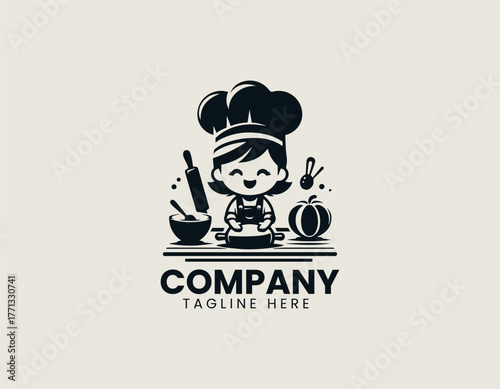 Cute cartoon girl chef kneading dough on table with flour bowl and rolling pin black vector logo design illustration