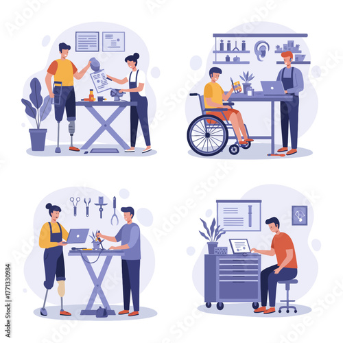 Flat 2D vector illustration of an inclusive garage workshop. A character with a hearing aid calibrates a 3D printer, showcasing accessible technology and design.
