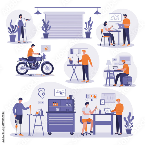 Flat vector: hearing aid user focused on detailed work in a pastel garage. Accessibility, 2D design, remote work, and DIY culture representation.
