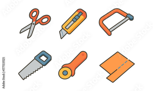 Colorful tools set: scissors, utility knife, handsaw, rotary cutter for crafting and diy projects