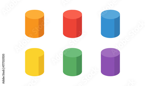 Colorful 3d cylinders set with shadow effect on white background