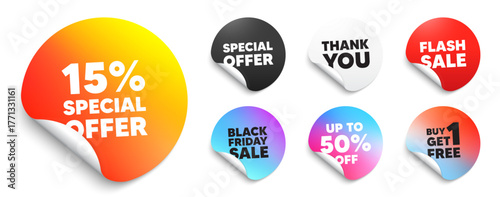 Discount sticker tag. Special offer paper price tags. 15 percent discount offer tag. Sale price promo sign. Special offer symbol. Discount, black friday sticker. Promo banner. Vector