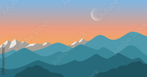 Landscape mountain sunset with moon and clear sky