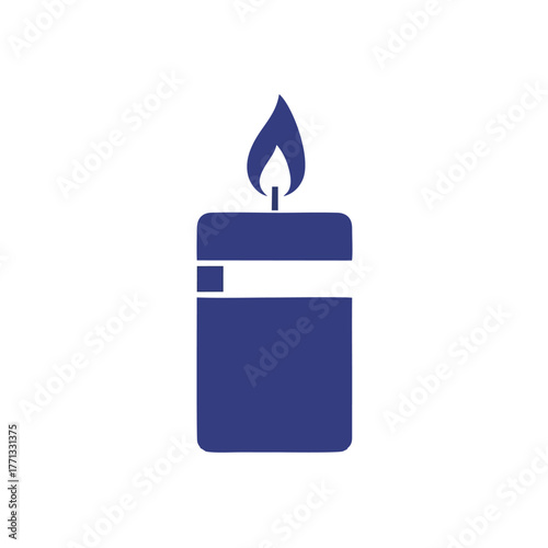 Blue candle with white stripe and flame, simple vector illustration.