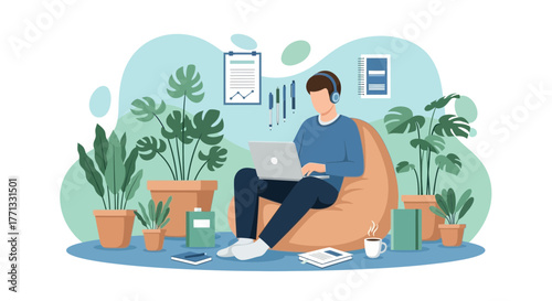 Working From Home: A Modern Digital Illustration Of Productivity And Relaxation