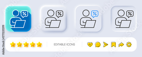 Online discounts line icon. Neumorphic, Flat shadow, 3d buttons. Sale offer sign. Promotion price symbol. Line online discounts icon. Social media icons. Vector