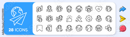 World business line icons. Interest rate, AI generate, Inflation icons. Global law, translate language, Outsource business. International organization, financial transactions, world map icons. Vector