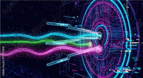 Futuristic glowing circuit board background with an integrated padlock, illustrating advanced cybersecurity, digital protection, and encrypted data flow.