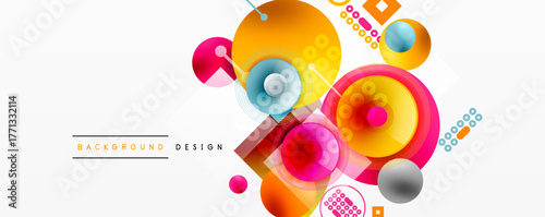 Abstract colorful shapes overlap. Orange, pink, yellow hues dominate design. Modern graphic elements create dynamic composition.