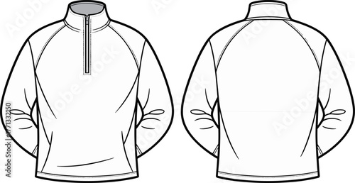 High collar pullover technical fashion sketch, front and back view, partial zipper, raglan sleeves, stylized stitching, garment illustration, apparel design template