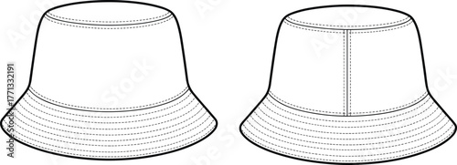 CAD drawing flat vector illustration of bucket hat front and angled view, crown seam, concentric stitched brim, casual fashion accessory