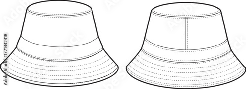 CAD drawing flat vector illustration of bucket hat front and back view, crown seam, stitched brim detail, casual fashion accessoryCA
