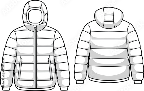 Men’s hooded puffer jacket technical flat sketch, quilted winter coat template, vector fashion illustration, apparel design outline, insulated outerwear front back view