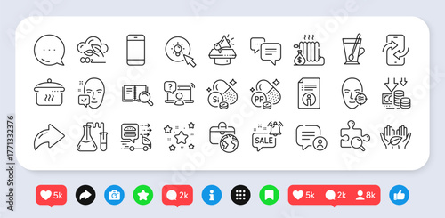 Face accepted, Chemistry lab and Online question line icons pack. Social media: share, comment, like icons. Fair trade, Co2 gas, Radiator web icon. Vector