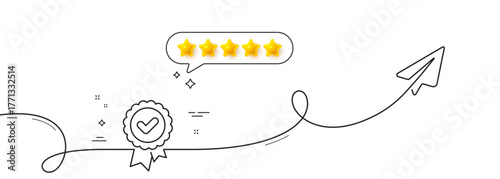 Approved award line icon. Continuous line with share plane. Accepted certificate sign. Confirmed medal symbol. Five star rate review in speech bubble. Approved award single line ribbon. Vector