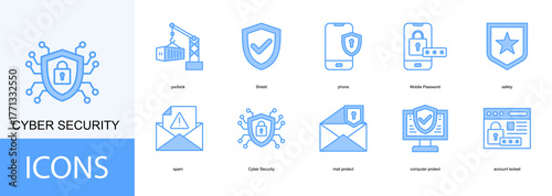 Cyber Security icon collection set. Containing padlock, Shield, phone, Mobile Password, safety icon.