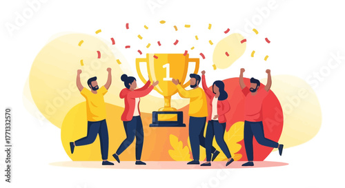 Team Celebrates Victory With Trophy, Confetti, and Unbridled Delight in Digital Illustration