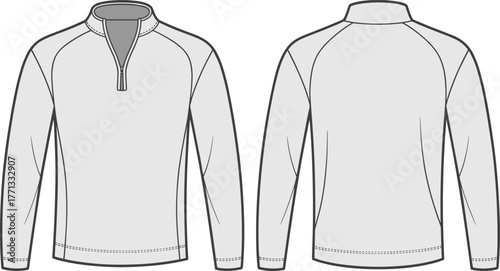 Men’s quarter zip pullover technical flat sketch, long sleeve shirt template, vector fashion illustration, apparel design outline, stand collar front back view