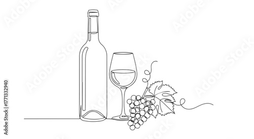 One Continuous Line Drawing of Wine Bottle, Glass and Grapes for Minimalist Art