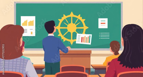 Cartoon illustration vector of a man teacher and diverse students working on computers in a bright classroom
