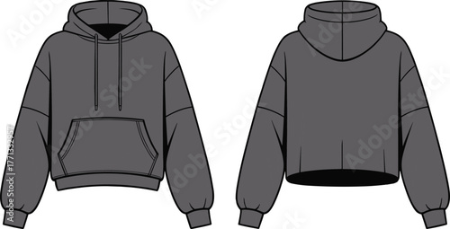 CAD drawing flat vector illustration of cropped hoodie front and back view, drawstring hood, kangaroo pocket, ribbed cuffs hem design