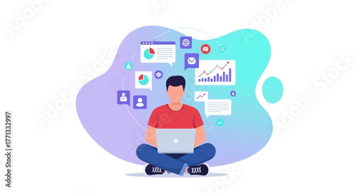 Online Digital Marketing Strategies Analysis and Data Visualization with Laptop Illustration
