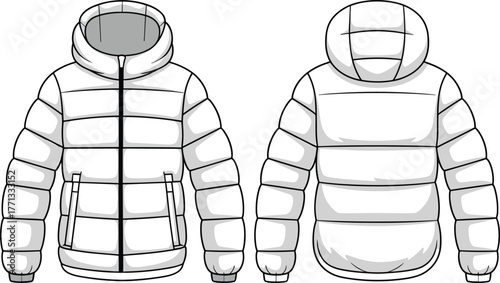 Puffer jacket technical fashion sketch, front and back view, quilted design, zipper closure, ribbed cuffs, hooded outerwear, garment illustration template