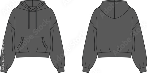 CAD drawing flat vector illustration of cropped hoodie front and back view, kangaroo pocket, drawstring hood, ribbed cuffs, fashion design
