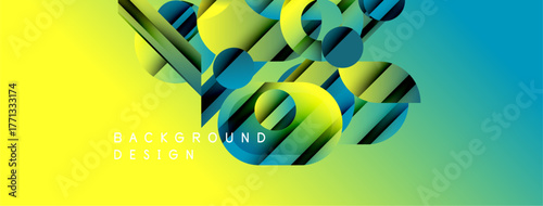 Abstract geometric shapes blend vibrant yellow, green, blue gradients. Modern design suggests dynamic energy, visual interest. Background features text elements.