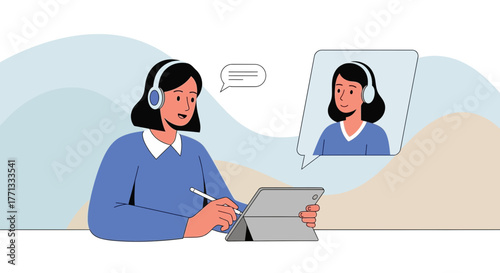 Online Meeting Illustration Depicting Two Women Communicating, Using Digital Tablet Devices