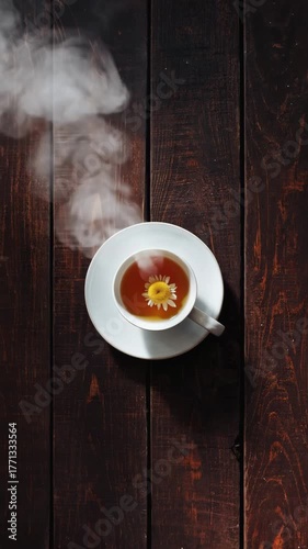 cup of tea with camellia flower top view with vintage wood background