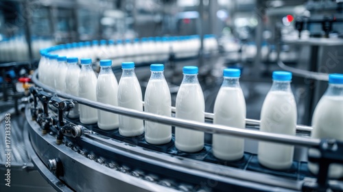 A High Resolution image of bottles of milk on a conveyor belt in a dairy factory.
