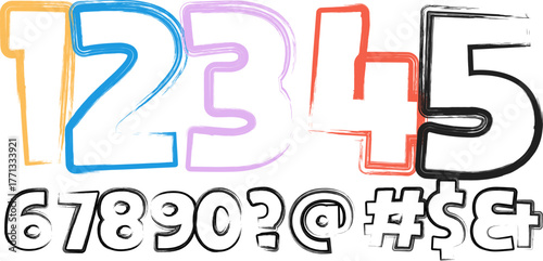 Hand drawn style numbers and symbols in different colors design