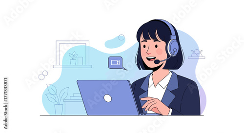 Online Video Conference Interaction Professional Using Laptop and Headset Communication