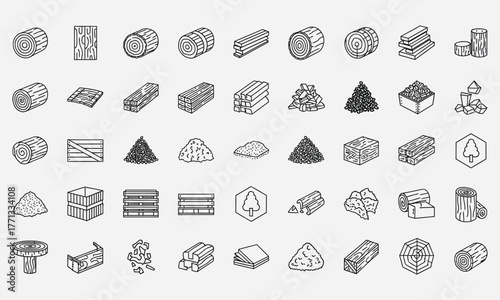 Isometric line icon set of wood industry materials including logs, lumber, timber planks, and firewood piles for forestry and construction