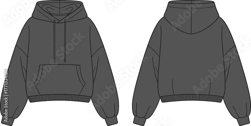 CAD drawing flat vector illustration of hoodie front and back view, kangaroo pocket, drawstring hood, ribbed cuffs, relaxed fit design