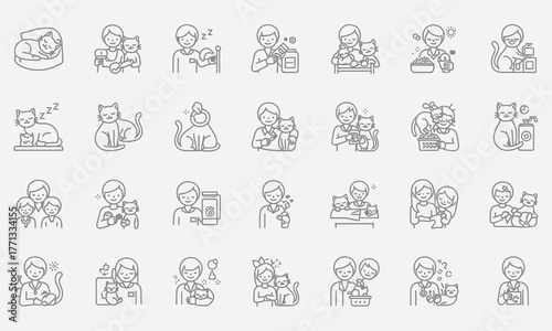 Comprehensive Collection of Outline Vector Icons Illustrating Daily Life, Loving Care, and Cherished Bonds with Feline Companions and Pet Cats