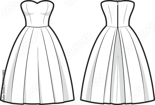 Technical fashion illustration of strapless dress, front and back view, sweetheart neckline, fitted bodice, pleated flared skirt, zipper closure design
