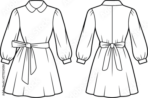 Technical flat sketch long sleeve dress, fashion illustration front and back view, pointed collar, waist sash bow, flared skirt garment