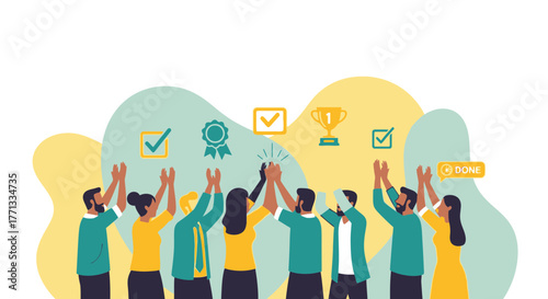 People Celebrating Success With Checks, Trophies, and Completion Icons in Color.