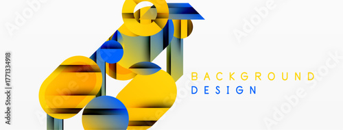 Abstract geometric shapes overlap, creating vibrant yellow, blue, green composition. Minimalist design suits backgrounds, presentations.