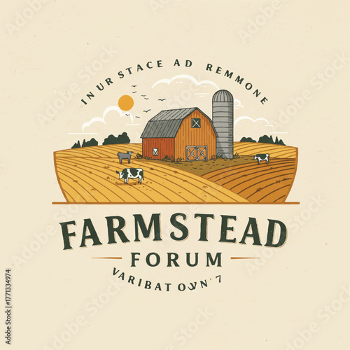 A rustic farm scene with a barn silo fields and cows