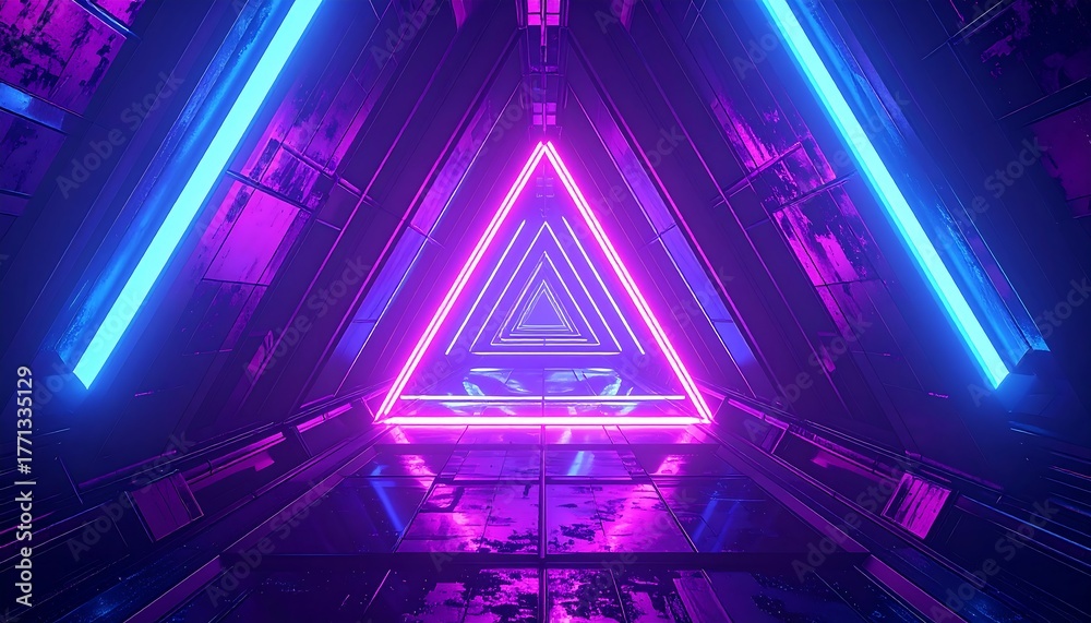 Fototapeta premium A futuristic corridor features neon pink triangle and blue bar lights against a dark, metallic, geometric background