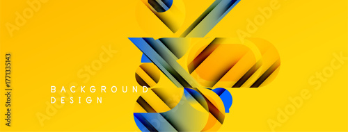 Abstract yellow background features layered geometric shapes. Blue, orange, green hues create dynamic visual effect. Modern design element.