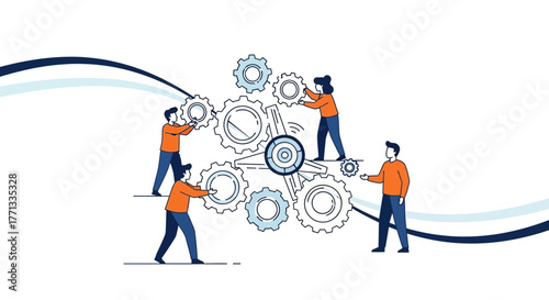 People Working Together To Build And Assemble A Detailed Gear System Illustration